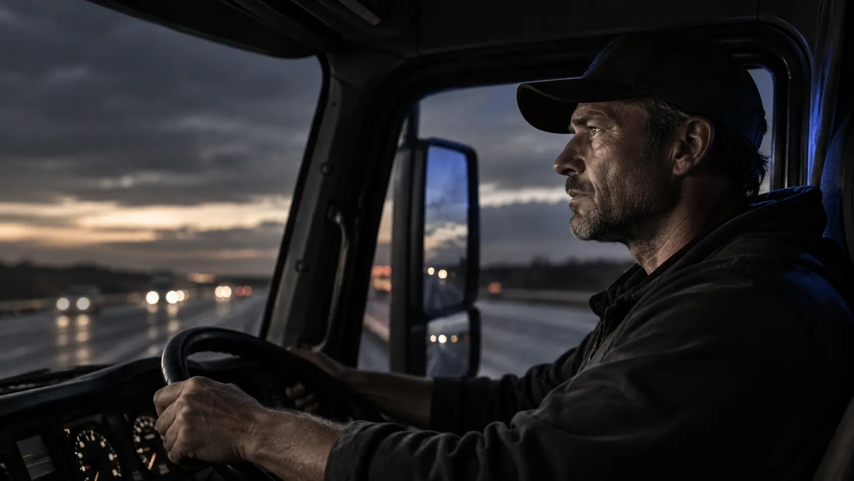Truck driver in profile inside a semi-truck cab